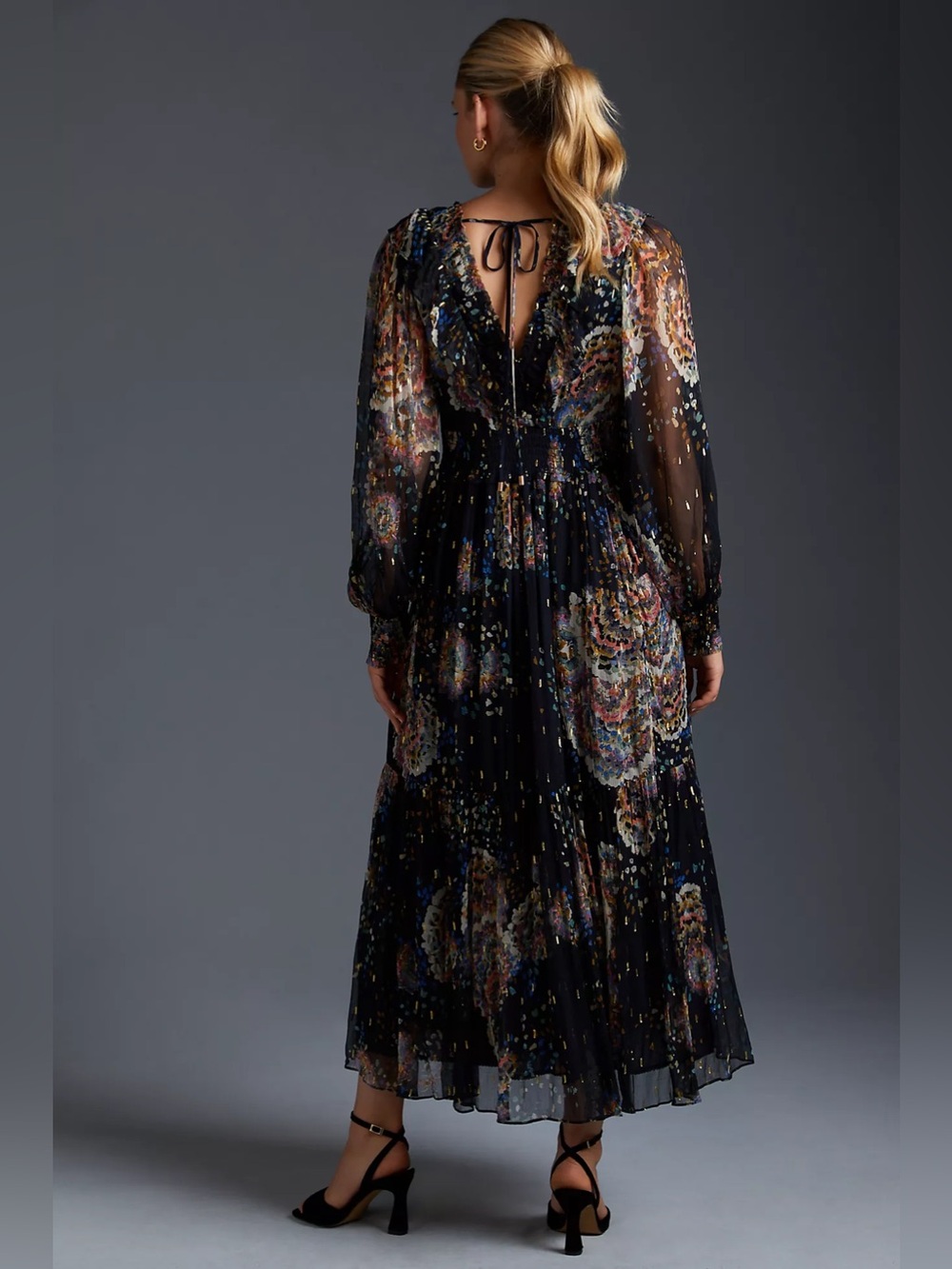 Anthropologie Women’s Smocked V-Neck Metallic Abstract Ruffle Blue Maxi Dress XL - Picture 5 of 16